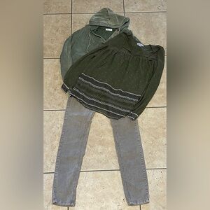 Blu Pepper green sweater, Loft boho blouse and Free People brown corduroy Pants